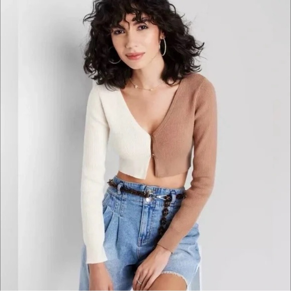 Cropped Cardigan Sweater, Long Sleeve Crop Top Colorblock White/Brown